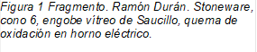 Figura 8 Fragmento. Ramón Durán. Stoneware, cono 6, engobe vítreo de Saucillo, quema de oxidación en horno eléctrico.