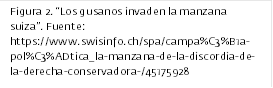 Figura 2. “Los gusanos invaden la manzana sui-za”. Fuente: https://www.swisinfo.ch/spa/campa%C3%B1a-pol%C3%ADtica_la-manzana-de-la-discordia-de-la-derecha-conservadora-/45175928